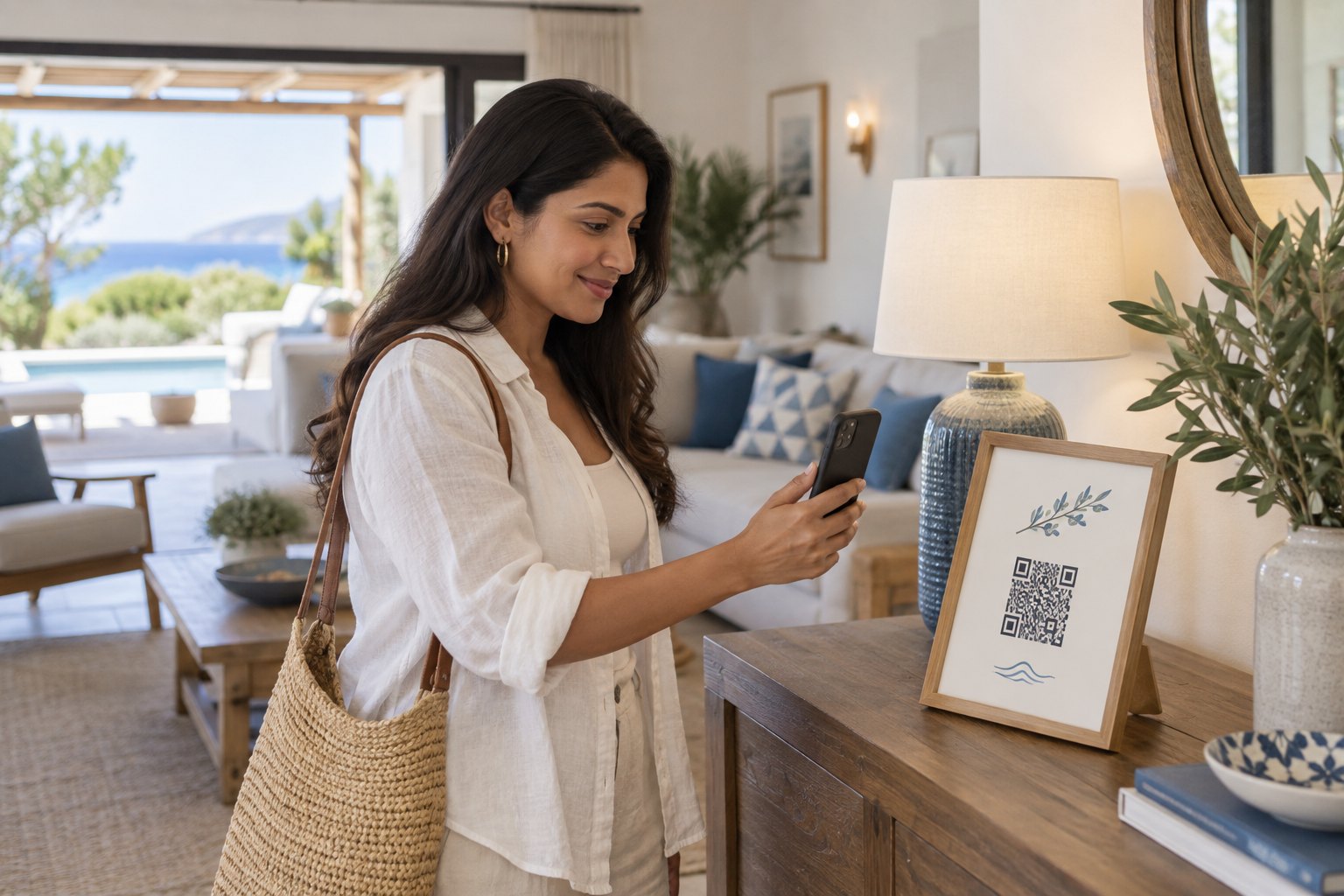A guest opening the welcome book by scanning its QR code