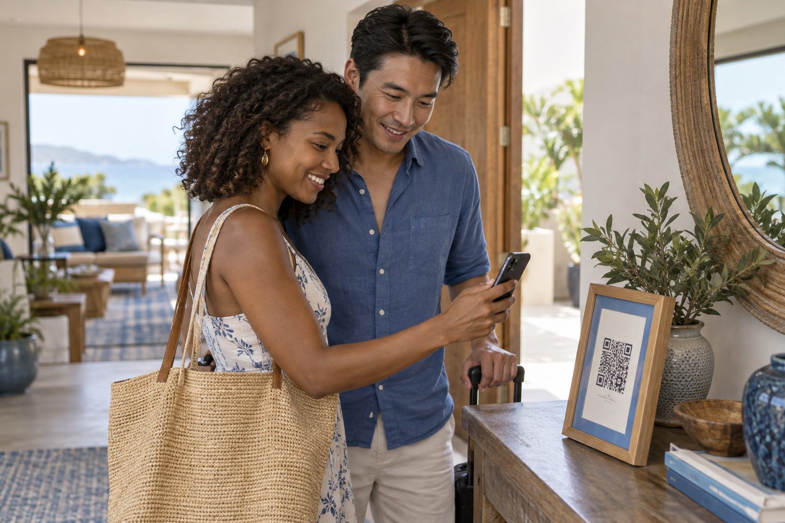 A happy couple scanning the welcome QR code inside their villa